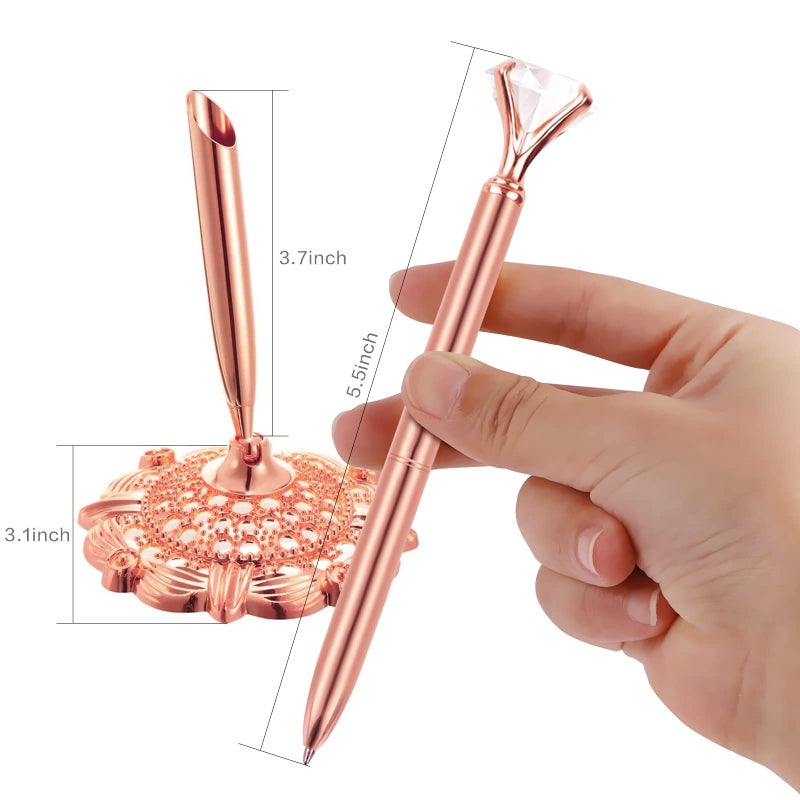 RUTICH Hollow Round Pen Holder Signing Pen Set with Big Diamond Crystal Pen for Wedding Bridal Opening Ceremony Graduation Office, Rose Gold(Black Ink) - Image 3